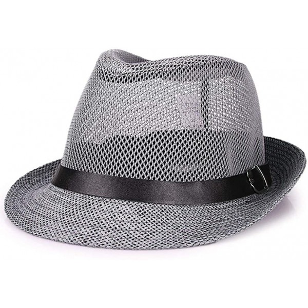 Fedoras Men Mesh Straw Summer Fedora Hat Short Brim Beach Sunhat Breathable Panama Cap - Gray - C918QWNTLSO $13.94