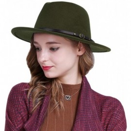 Fedoras Women Fedora Hat Wide Brim Felt hat with Belt Buckle Panama Hat Vintage Jazz Hat - A-olive Green - CV18XTQRLE0 $17.52