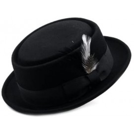 Fedoras Mens Crushable Wool Felt Porkpie Hat w/Feather - Black - CQ1190AVWBX $57.39