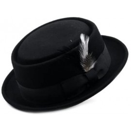 Fedoras Mens Crushable Wool Felt Porkpie Hat w/Feather - Black - CQ1190AVWBX $38.78