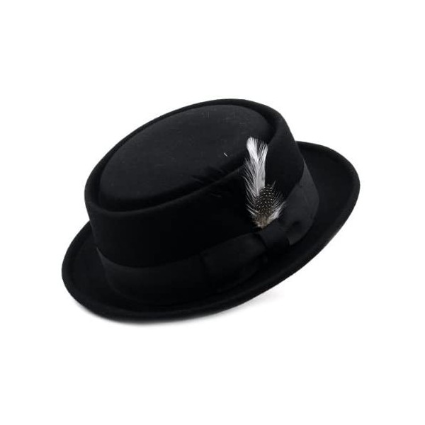 Fedoras Mens Crushable Wool Felt Porkpie Hat w/Feather - Black - CQ1190AVWBX $38.78