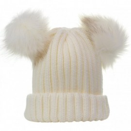 Skullies & Beanies Double Faux Fur Pom Pom Cable Knit Cuff Beanie Hat - White - CJ12O5JVOC1 $10.00