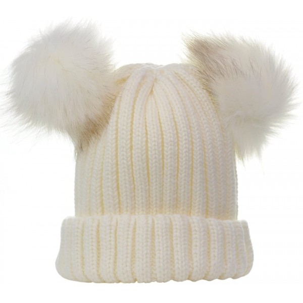 Skullies & Beanies Double Faux Fur Pom Pom Cable Knit Cuff Beanie Hat - White - CJ12O5JVOC1 $10.00