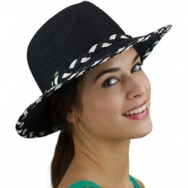 Sun Hats Two Tone Braided Trim Paper Woven Panama Fedora Summer Sun Hat - Black - C417YIX69DD $18.23