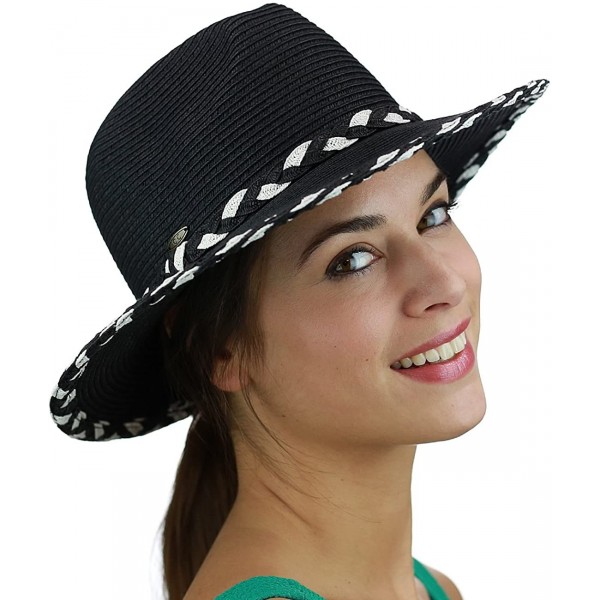 Sun Hats Two Tone Braided Trim Paper Woven Panama Fedora Summer Sun Hat - Black - C417YIX69DD $19.48