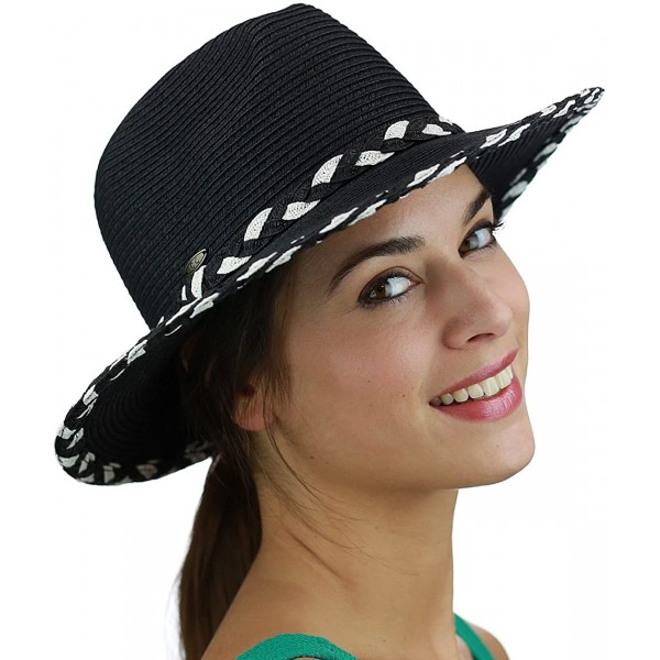 Sun Hats Two Tone Braided Trim Paper Woven Panama Fedora Summer Sun Hat - Black - C417YIX69DD $9.99