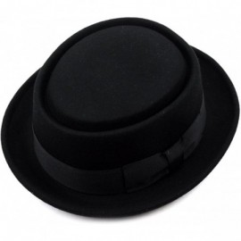 Fedoras Mens Crushable Wool Felt Porkpie Hat w/Feather - Black - CQ1190AVWBX $38.78