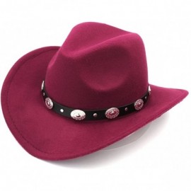 Cowboy Hats Womem Men Wool Blend Western Cowboy Hat Wide Brim Cowgirl Jazz Cap Leather Band - Wine Red - CW186I0NTQY $14.43