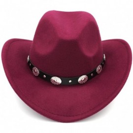 Cowboy Hats Womem Men Wool Blend Western Cowboy Hat Wide Brim Cowgirl Jazz Cap Leather Band - Wine Red - CW186I0NTQY $14.43