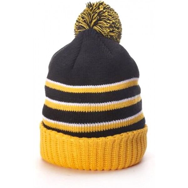 Skullies & Beanies Richardson Striped Pom Knit Cuffed Beanie - Black/Gold/White - CI12NV28LHR $11.24