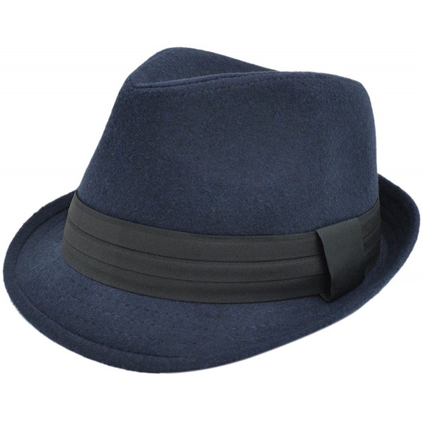Fedoras Unisex Classic Solid Color Felt Fedora Hat with Black Band - Navy Blue - C912CFYPMSF $10.72