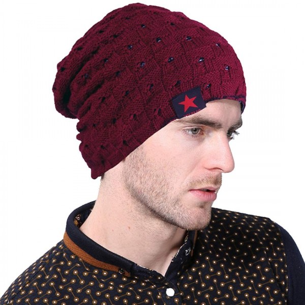 Skullies & Beanies Mens Winter Small Star Stripe Sided Knitted Hat Knitting Skull Cap - Red Wine - CR187WHSQM0 $11.54
