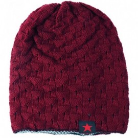 Skullies & Beanies Mens Winter Small Star Stripe Sided Knitted Hat Knitting Skull Cap - Red Wine - CR187WHSQM0 $11.54