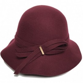 Fedoras Women's Wide Brim Wool Cloche Hat Winter Hats Grey Black - Burgundy - CJ182ZENUYO $60.46