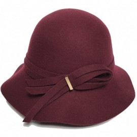 Fedoras Women's Wide Brim Wool Cloche Hat Winter Hats Grey Black - Burgundy - CJ182ZENUYO $31.82