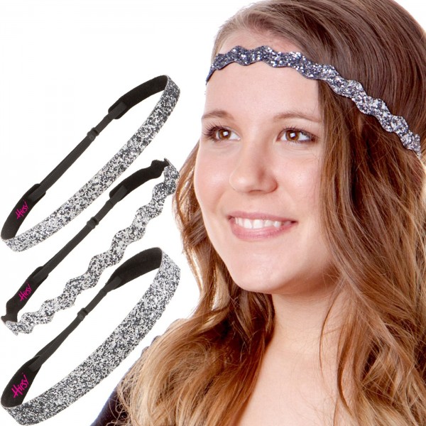 Headbands Women's Adjustable NO SLIP Bling Glitter Headband Mixed 3pk (Gunmetal) - Gunmetal 3pk - CG11N4BO4KB $11.28