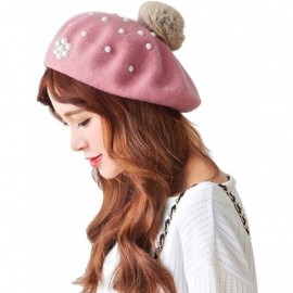 Berets Classic French Style Wool Beret Hat Pearls Beanie Cap with Pom for Women - Pink - CH186WXYDET $10.49
