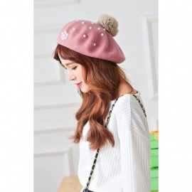 Berets Classic French Style Wool Beret Hat Pearls Beanie Cap with Pom for Women - Pink - CH186WXYDET $10.49