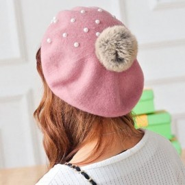 Berets Classic French Style Wool Beret Hat Pearls Beanie Cap with Pom for Women - Pink - CH186WXYDET $10.49