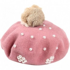 Berets Classic French Style Wool Beret Hat Pearls Beanie Cap with Pom for Women - Pink - CH186WXYDET $10.49