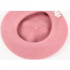 Berets Classic French Style Wool Beret Hat Pearls Beanie Cap with Pom for Women - Pink - CH186WXYDET $10.49