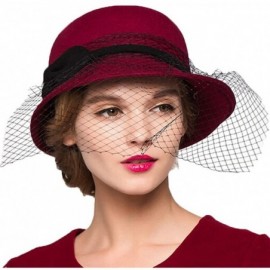 Fedoras Women's Wool Felt Flowers Church Bowler Veil Hats - Wine Red - C3128NIYRNX $42.39
