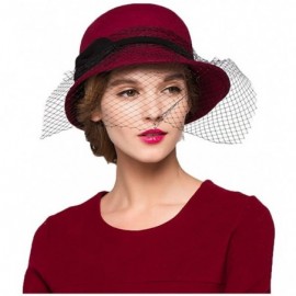 Fedoras Women's Wool Felt Flowers Church Bowler Veil Hats - Wine Red - C3128NIYRNX $21.73