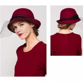 Fedoras Women's Wool Felt Flowers Church Bowler Veil Hats - Wine Red - C3128NIYRNX $21.73