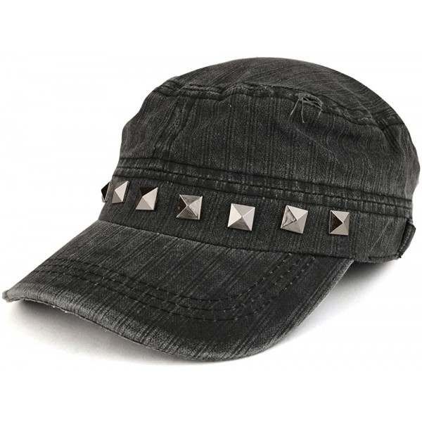 Baseball Caps Distressed Flat Top Metallic Studded Frayed Cadet Style Army Cap - Black - CB185OO94KQ $12.18