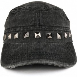 Baseball Caps Distressed Flat Top Metallic Studded Frayed Cadet Style Army Cap - Black - CB185OO94KQ $12.18