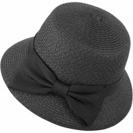 Sun Hats Women's Wide Brim Straw Sun Hat w/Large Decorative Bow and Drawstring - Black - C018CHUHSCW $12.84