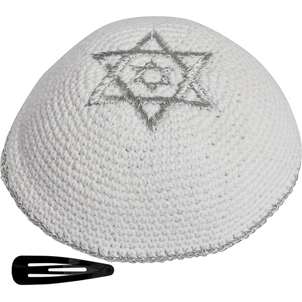 Skullies & Beanies Star of David Jewish KippahHatFor Men & Kids with Clip Beautifully Knitted - White & Silver - CX18808WWZQ ...