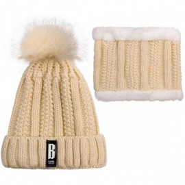 Skullies & Beanies Womens Knit Scarf Beanie Hat 2PCS Set Fleece Lined Pom Skull Cap Scarves Soft Warm Winter Gift Set - Beige...