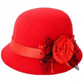 Bucket Hats Vintage Felt Cloche Hat Winter Floral Fedora Bucket Hat Bowler Hats - Red - CO18HOST0E7 $31.23
