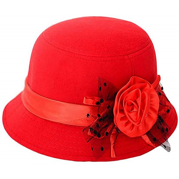 Bucket Hats Vintage Felt Cloche Hat Winter Floral Fedora Bucket Hat Bowler Hats - Red - CO18HOST0E7 $17.95