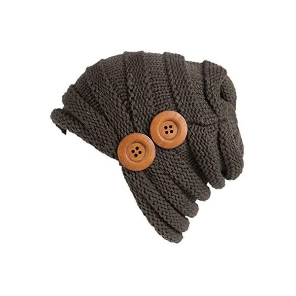 Skullies & Beanies Women Ladies Solid Winter Button Knitting Hat Turban Brim Hat Cap - Khaki - CG18HYWIE5Y $11.31