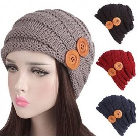 Skullies & Beanies Women Ladies Solid Winter Button Knitting Hat Turban Brim Hat Cap - Khaki - CG18HYWIE5Y $11.31