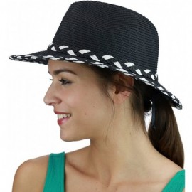 Sun Hats Two Tone Braided Trim Paper Woven Panama Fedora Summer Sun Hat - Black - C417YIX69DD $9.99