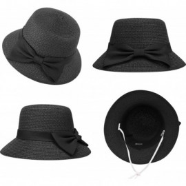 Sun Hats Women's Wide Brim Straw Sun Hat w/Large Decorative Bow and Drawstring - Black - C018CHUHSCW $32.51