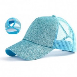 Skullies & Beanies Glitter Ponytail-Hats Trucker Baseball - Mesh Messy Bun Ponycap Women Sun Protection Adjustable - Blue - C...