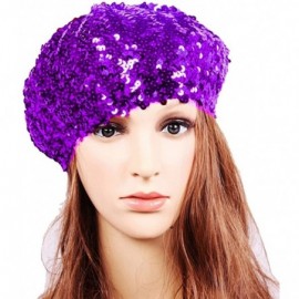 Berets Women's Fashion Fun Sparkle Sequins Shimmer Stretch Beret Beanie Hat - Purple - CF12NU9FG3E $8.48