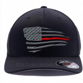 Baseball Caps Thin Red Line/Blue Line Waving USA Flag. Front & Back Embroidered- Flexfit 6277 Wooly Combed Cap. - Black - CD1...