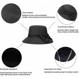 Sun Hats Women's Wide Brim Straw Sun Hat w/Large Decorative Bow and Drawstring - Black - C018CHUHSCW $32.51