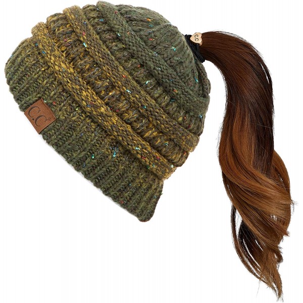 Skullies & Beanies Ribbed Confetti Knit Beanie Tail Hat for Adult Bundle Hair Tie (MB-33) - Olive Ombre (With Ponytail Holder...