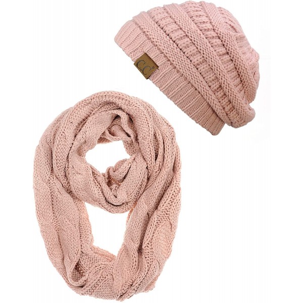 Skullies & Beanies Unisex Soft Stretch Chunky Cable Knit Beanie and Infinity Loop Scarf Set - Indi Pink - C118KHAZO95 $27.87