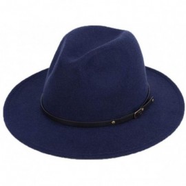 Fedoras 1PCS Wool Blend Fedora Hat with Belt Buckle Brim Hat Derby Cap Jazz Hat(Khaki) - Navy Blue - CJ18ZTC9TRX $40.24