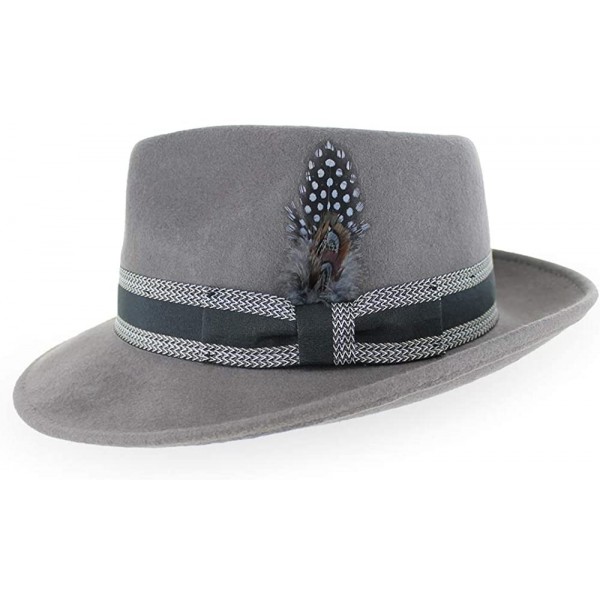 Fedoras Belfry Gangster 100% Wool Stain Resistant Crushable Dress Fedora in Black Grey Navy Brown Pecan - Grey/Stripe - C218S...