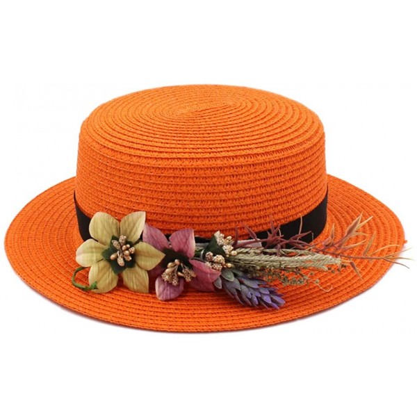 Sun Hats Women Straw Boater Hat Summer Beach Sun Sailor Bowler Cap w/Flower Hatband - Orange - CB18TH3E50Q $12.30