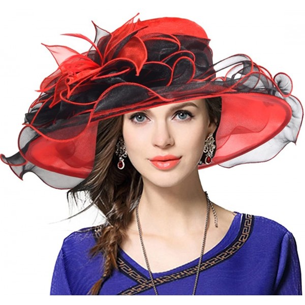 Sun Hats Women Church Derby Hats Tea Party Bridal Dress Wedding Hat - Red/Black - CR17YKOSCX5 $31.22