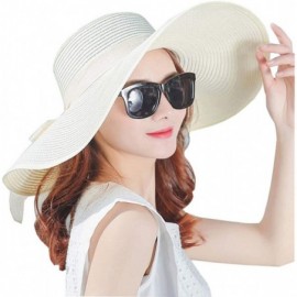 Sun Hats Women's Floppy Big Brim Hat Bowknot Straw Hat Foldable Roll up Sun Hat UPF 50+ - Ivory White - CE18Q7X7SA9 $21.42